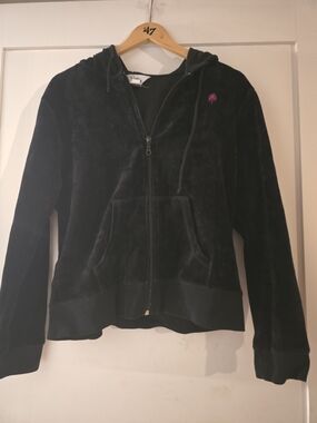 Lilly Pulitzer Black Velour Zip Hoodie with Pink Palm Embroidery